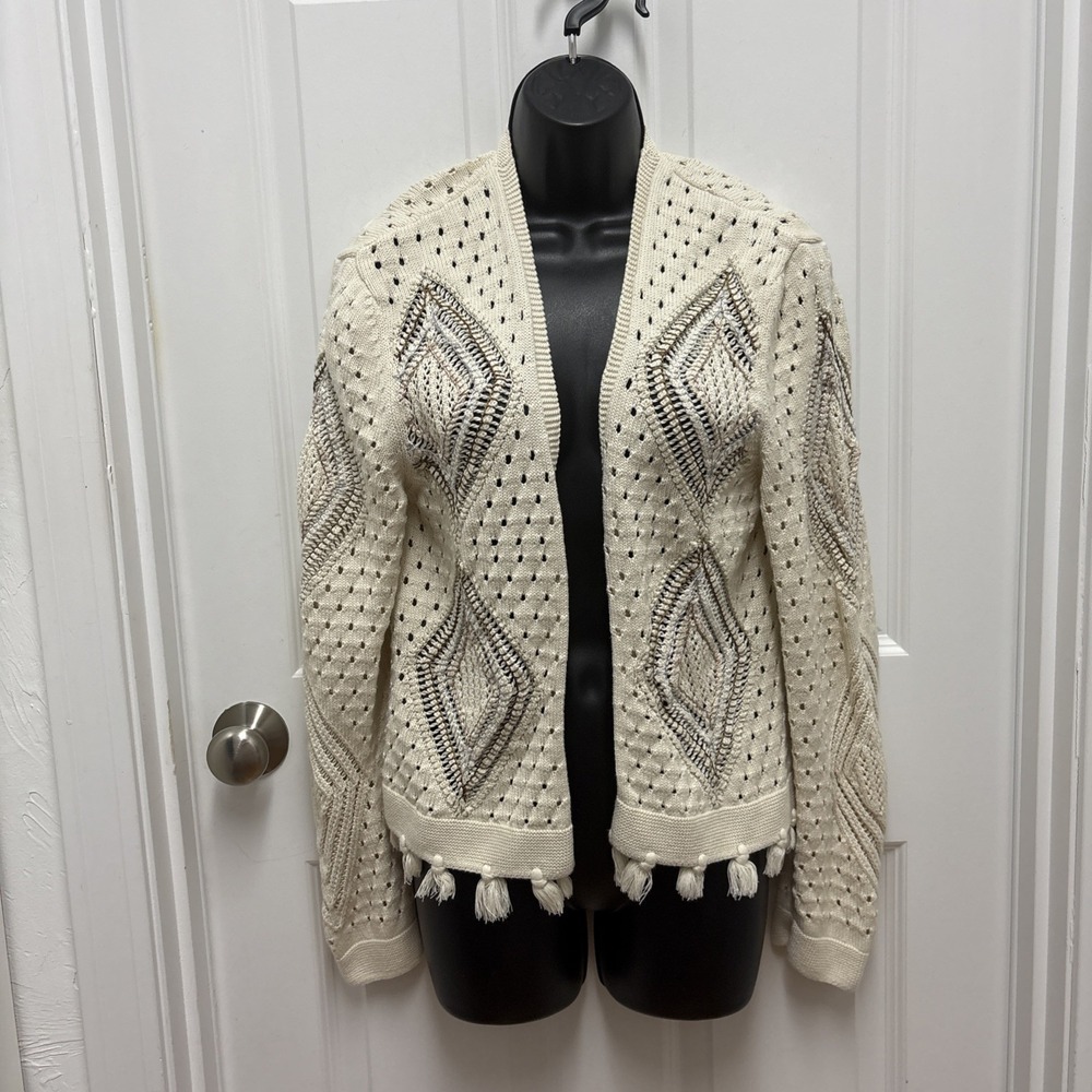 Gap Woman's Cotton Open-Front Crochet Fringe Cardigan Sweater - Size Large